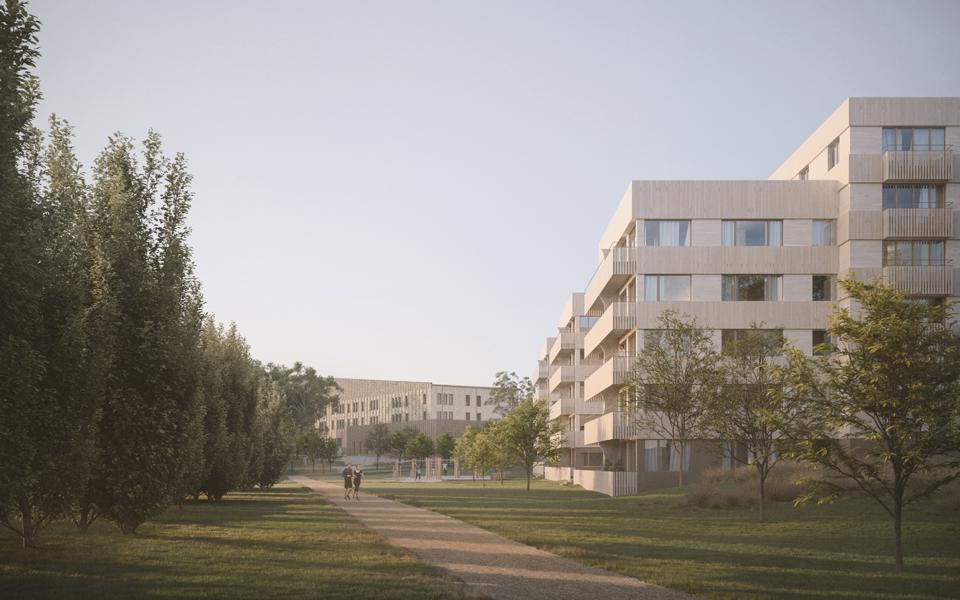 Till höger i bild flerbostadshus, i mitten längre bort en skolbyggnad. Sett från park med träd och gångväg. Illustration